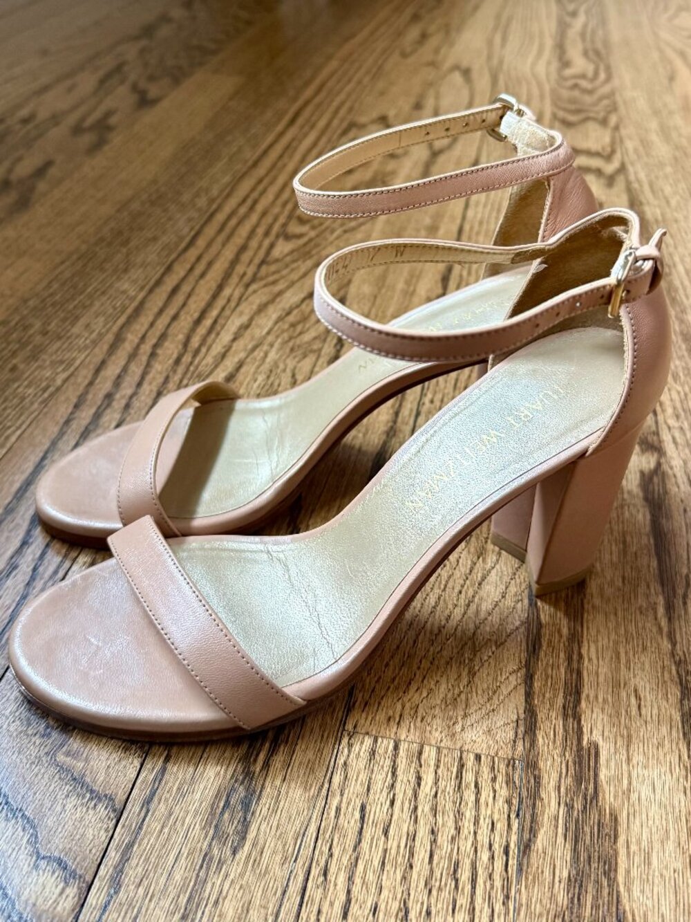 Stuart Weitzman NearlyNude Block Heel Sandal, Beige Nappa Leather, Size 7W